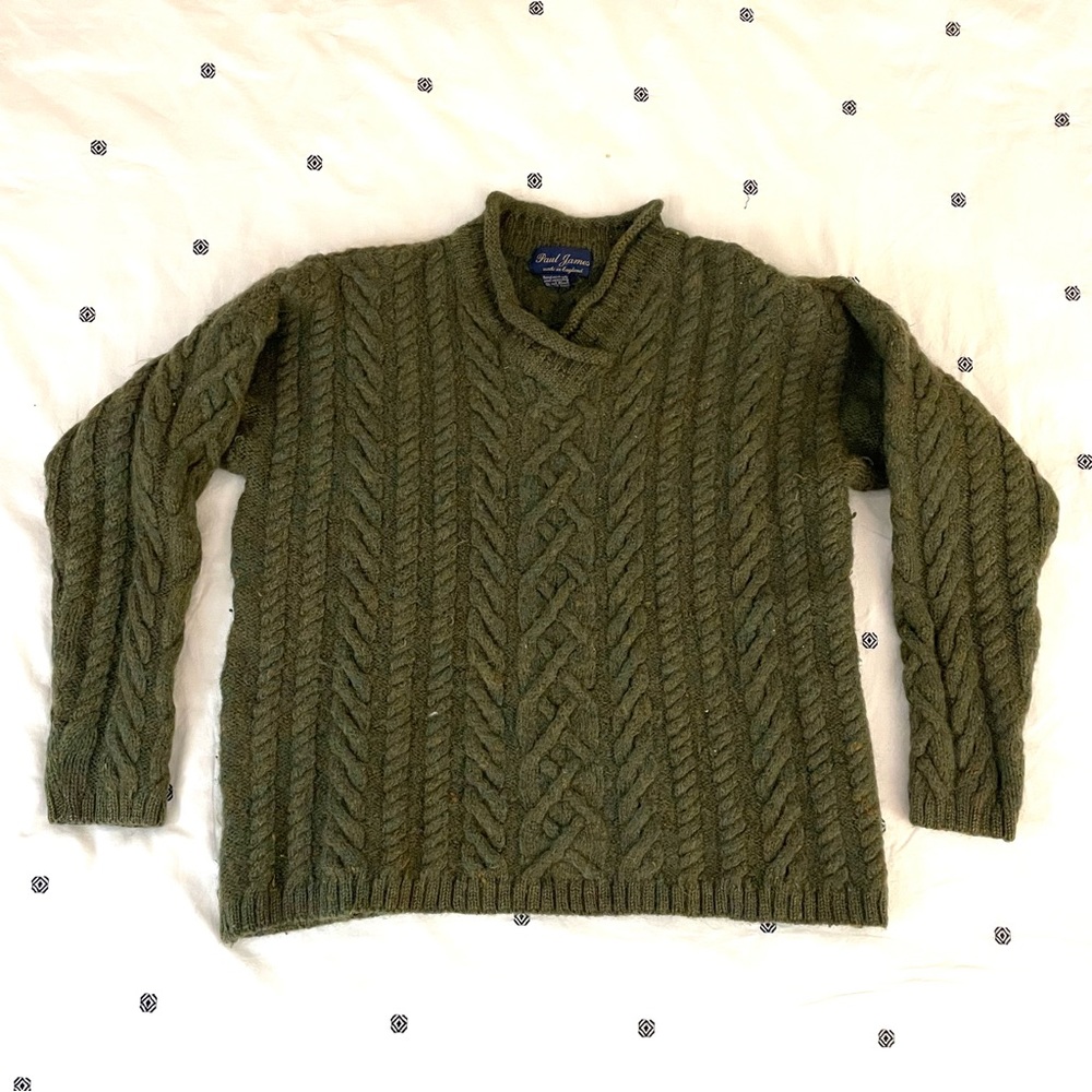 🐑 Paul James | Vintage 100% Pure Wool Cable V-Neck Sweater (Size Large) 🐑